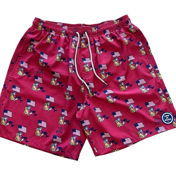 Life Is Good Swim Shorts Mens Med Red Lined 7" Trunks UPF 50 USA Patriotic Dog - Picture 1 of 12